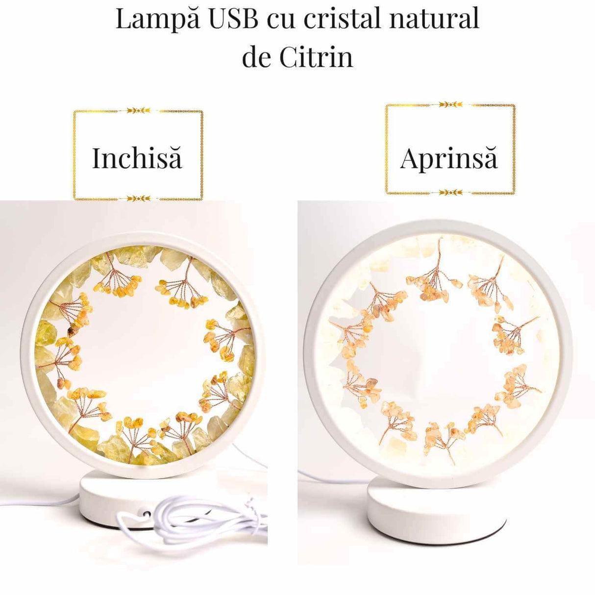 Lampa de Noapte Rotunda cu Cristale Citrin Brut si Rulat – Energie Pozitiva si Calm pentru Casa Ta