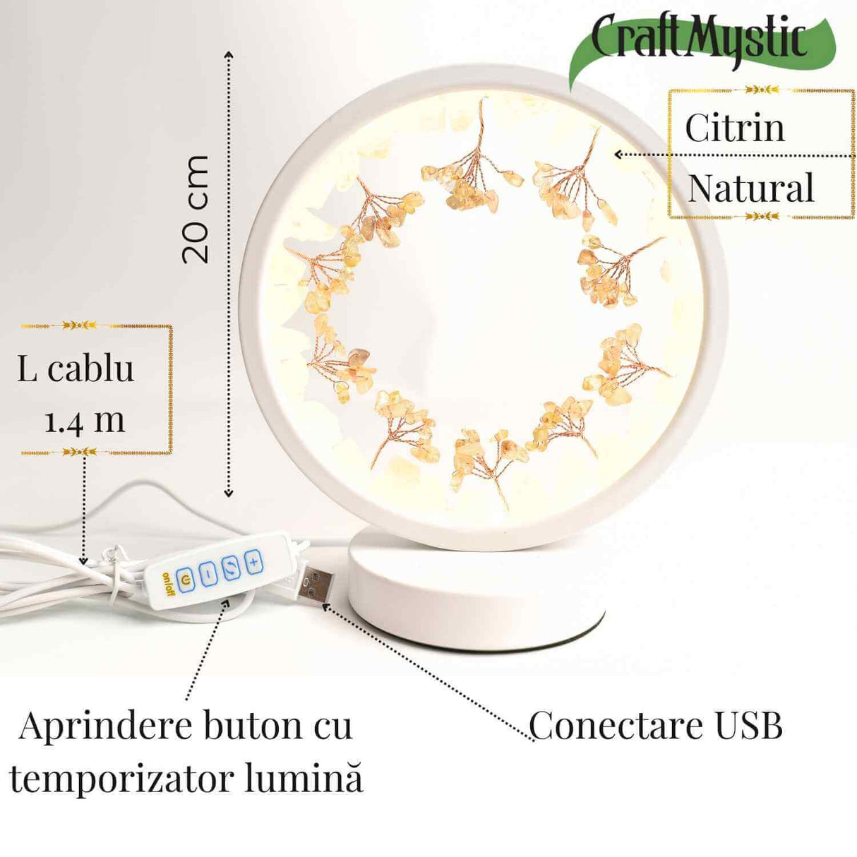 Lampa de Noapte Rotunda cu Cristale Citrin Brut si Rulat – Energie Pozitiva si Calm pentru Casa Ta
