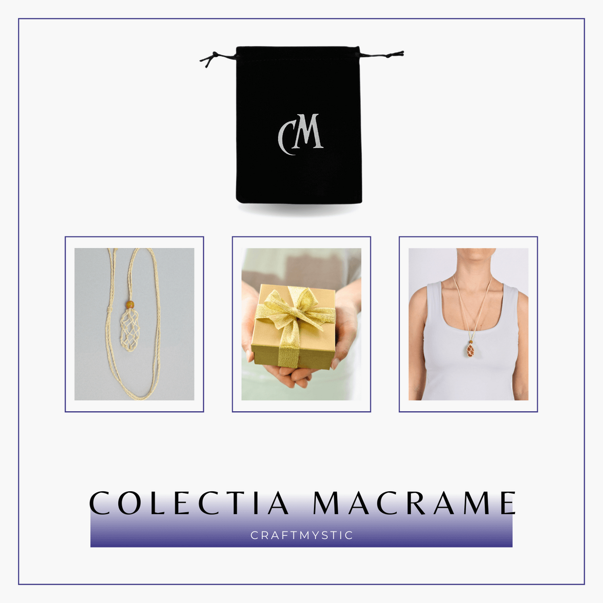 Colier Reglabil Bej Model Macrame din bumbac - Pentru Piatra ta Favorita