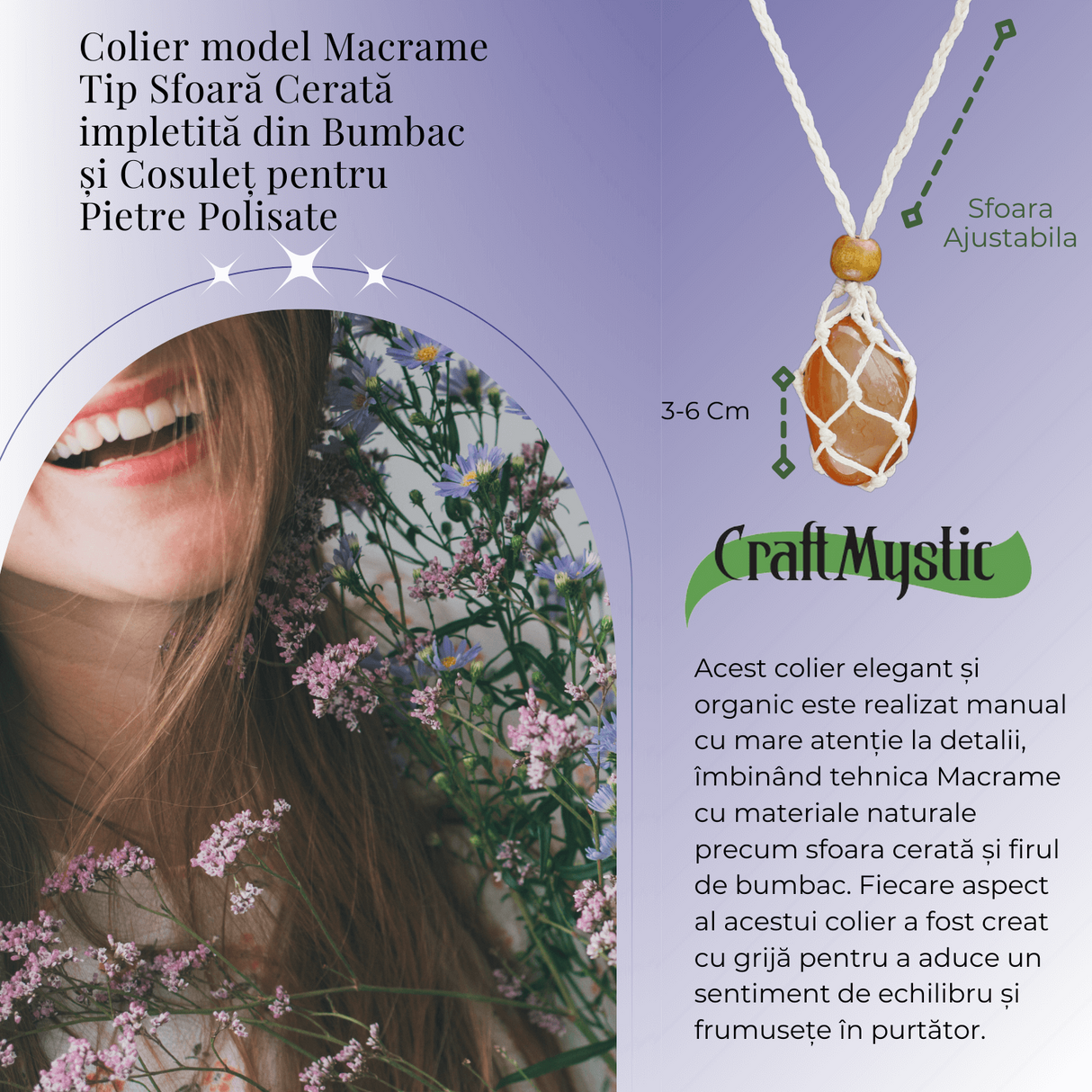 Colier Reglabil Bej Model Macrame din bumbac - Pentru Piatra ta Favorita