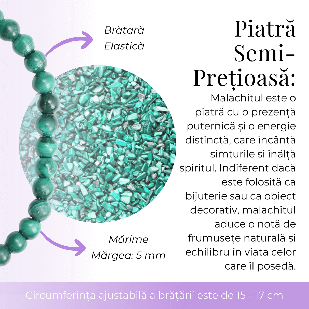 Bratara Elastica cu Margele 5mm din Malachit Semipretios Natural