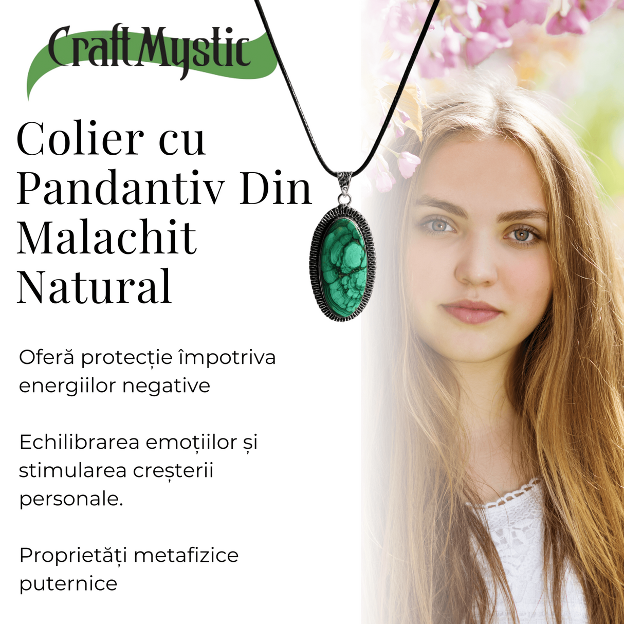 Colier Reglabil cu Pandantiv Argintiu 40mm in Forma Ovala din Malachit Natural