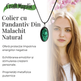 Colier Reglabil cu Pandantiv Argintiu 40mm in Forma Ovala din Malachit Natural