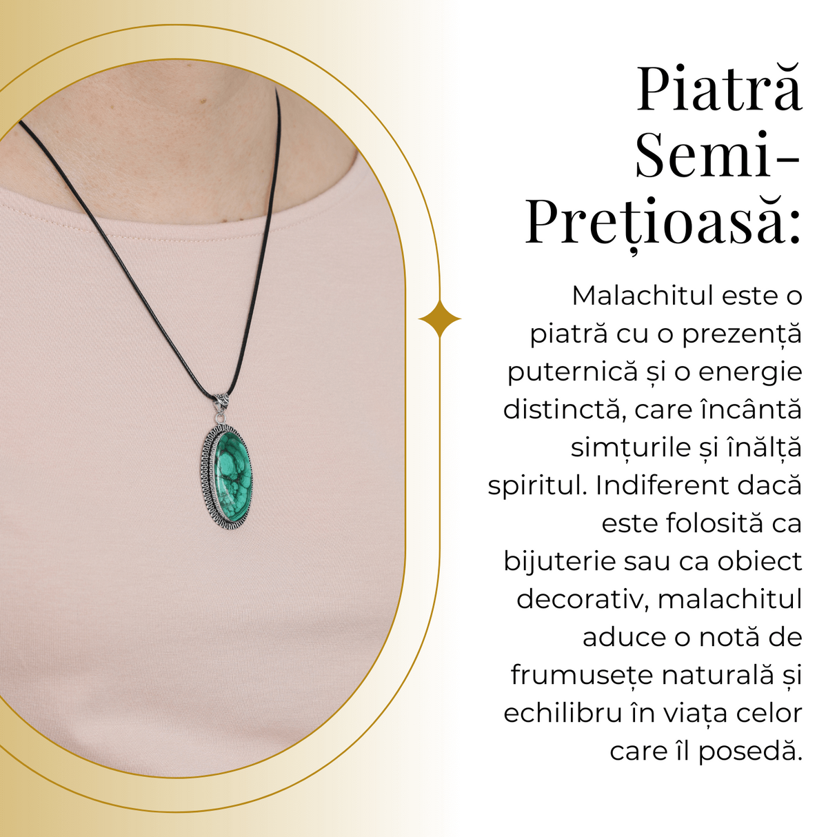 Colier Reglabil cu Pandantiv Argintiu 40mm in Forma Ovala din Malachit Natural