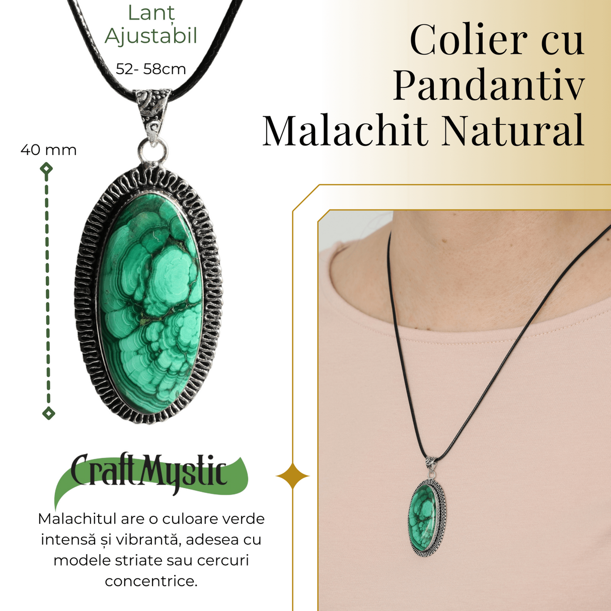 Colier Reglabil cu Pandantiv Argintiu 40mm in Forma Ovala din Malachit Natural