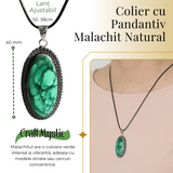 Colier Reglabil cu Pandantiv Argintiu 40mm in Forma Ovala din Malachit Natural