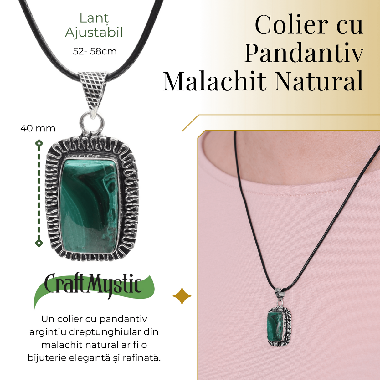 Colier Reglabil cu Pandantiv Argintiu 40mm in Forma Dreptunghiulara din Malachit Natural
