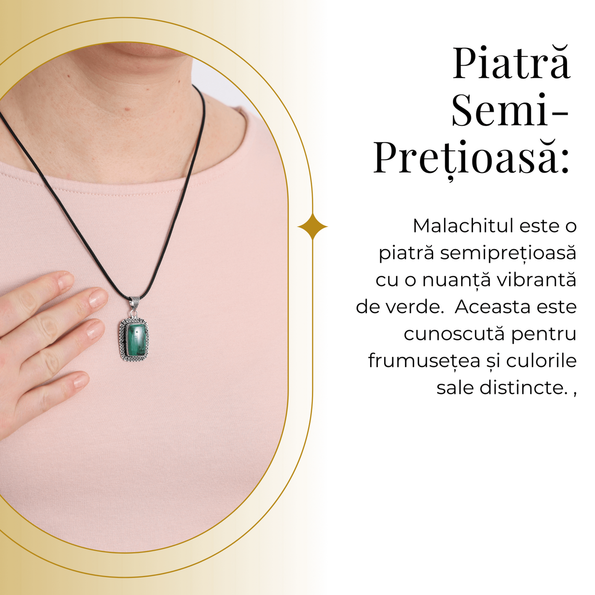 Colier Reglabil cu Pandantiv Argintiu 40mm in Forma Dreptunghiulara din Malachit Natural