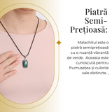 Colier Reglabil cu Pandantiv Argintiu 40mm in Forma Dreptunghiulara din Malachit Natural