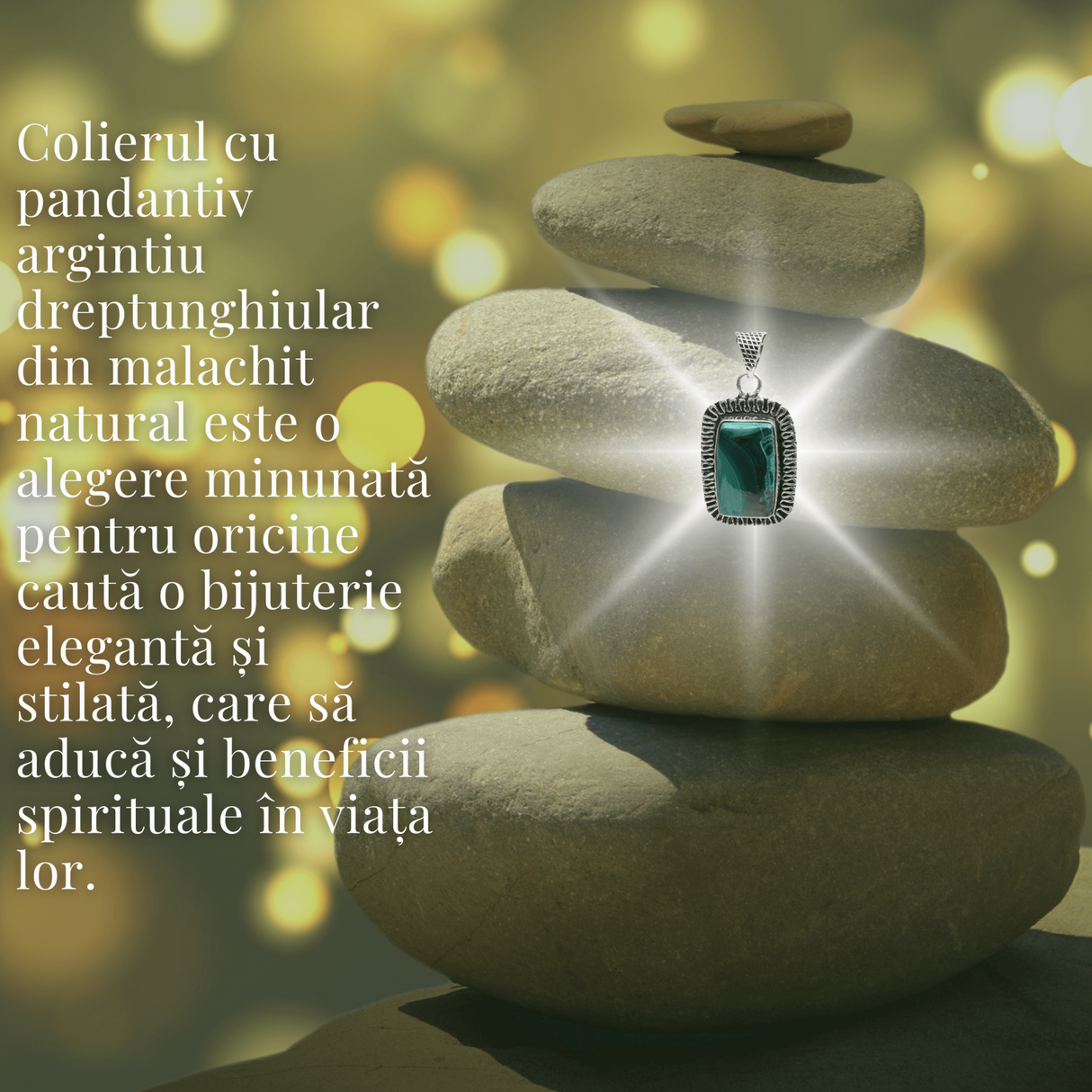 Colier Reglabil cu Pandantiv Argintiu 40mm in Forma Dreptunghiulara din Malachit Natural