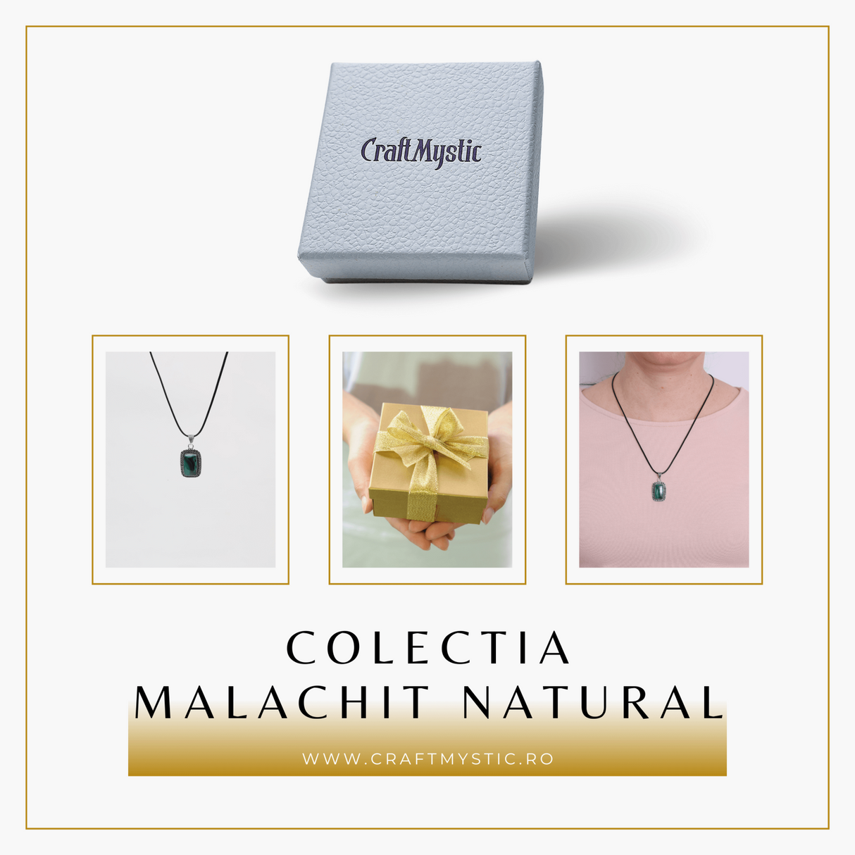 Colier Reglabil cu Pandantiv Argintiu 40mm in Forma Dreptunghiulara din Malachit Natural