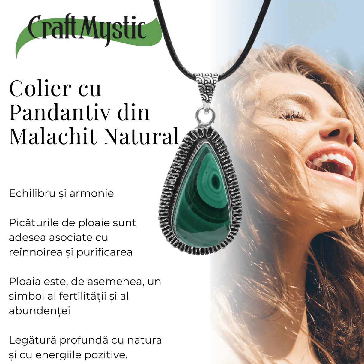 Colier Reglabil cu Pandantiv Argintiu 40mm in Forma de Strop de Ploaie din Malachit Natural