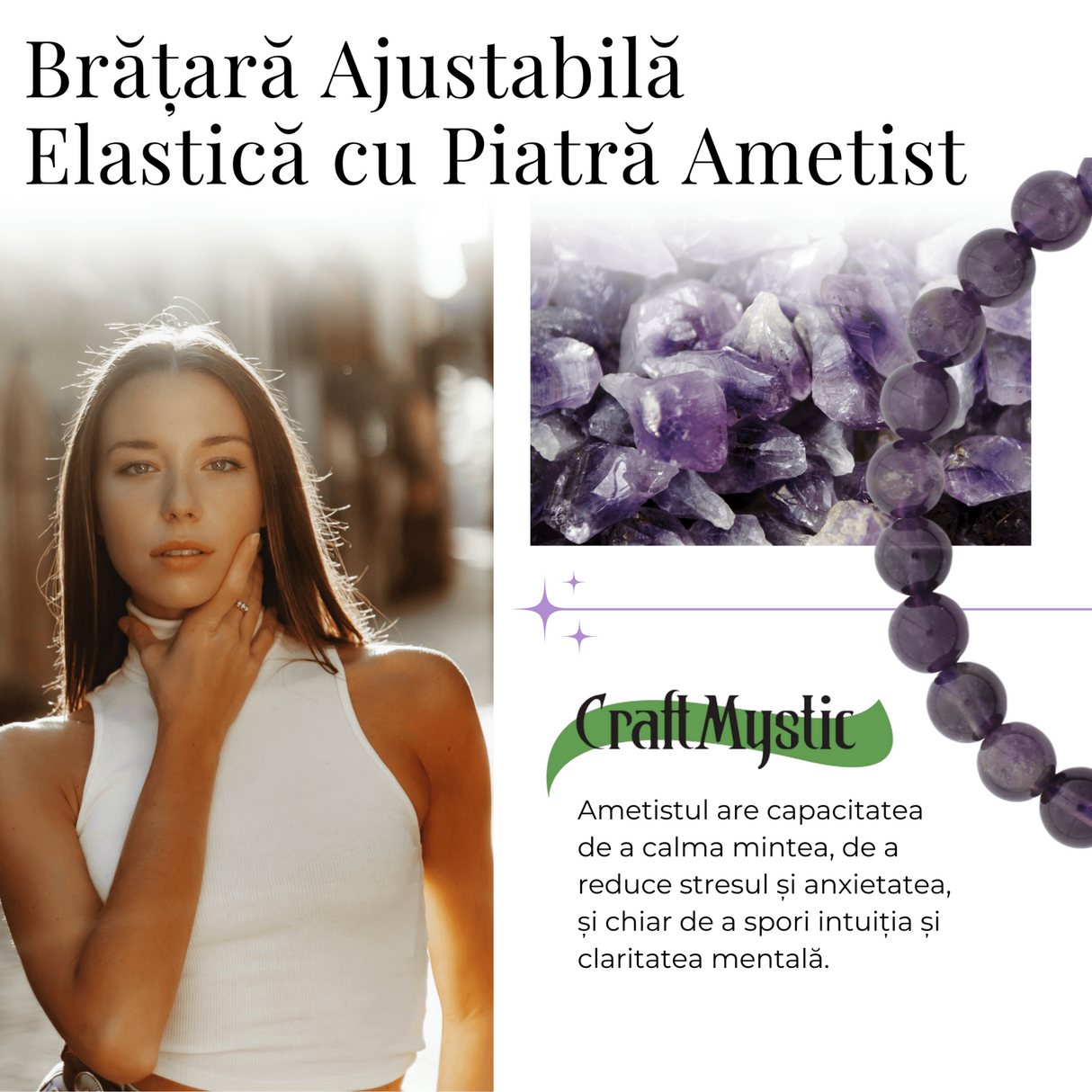Bratara Elastica cu Margele Naturale de 6mm din Ametist