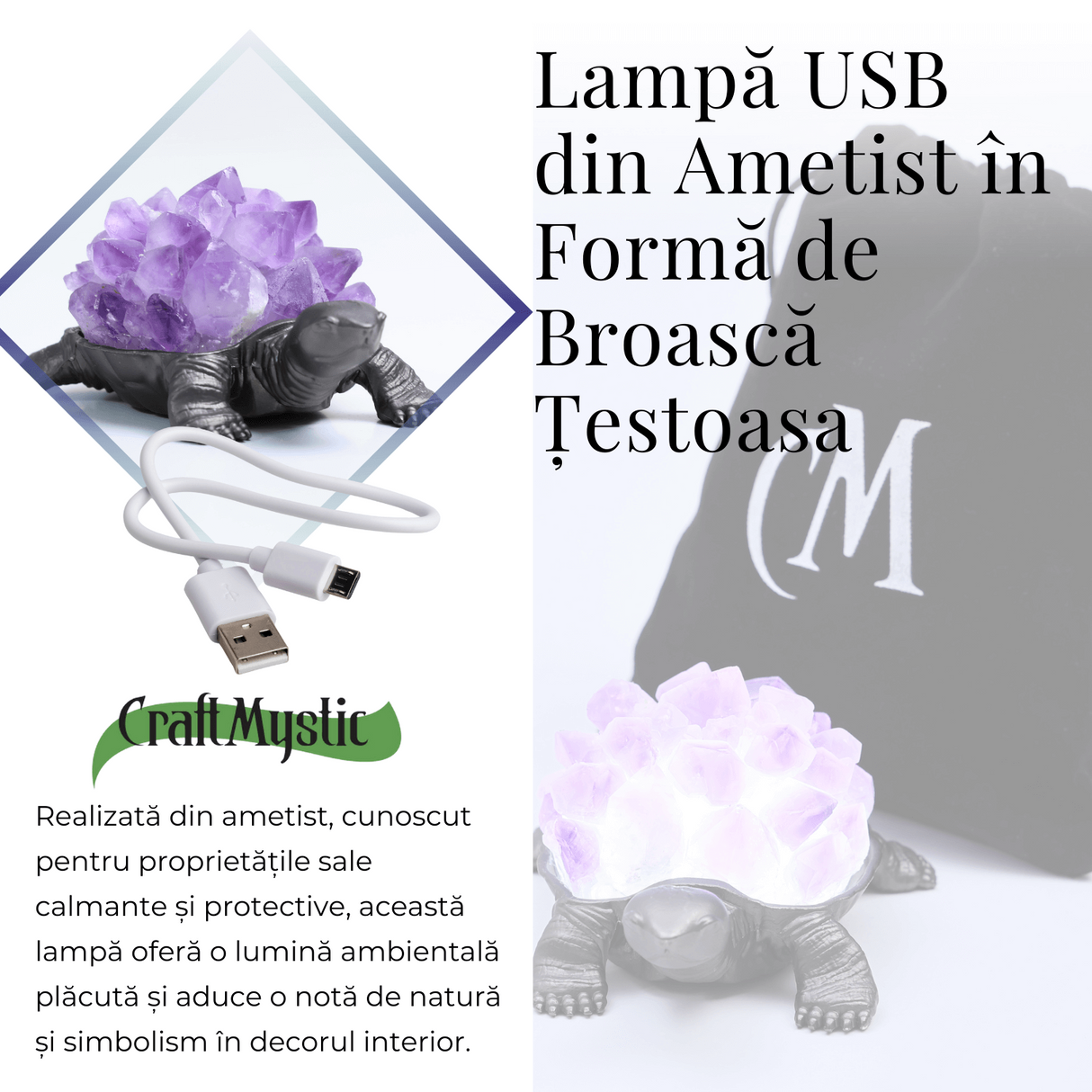 Mini Lampa Broasca Testoasa cu Cristale de Ametist - Relaxare si Energie Pozitiva