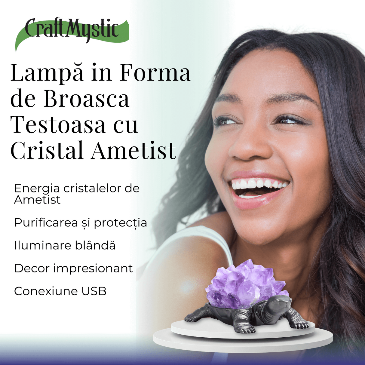 Mini Lampa Broasca Testoasa cu Cristale de Ametist - Relaxare si Energie Pozitiva