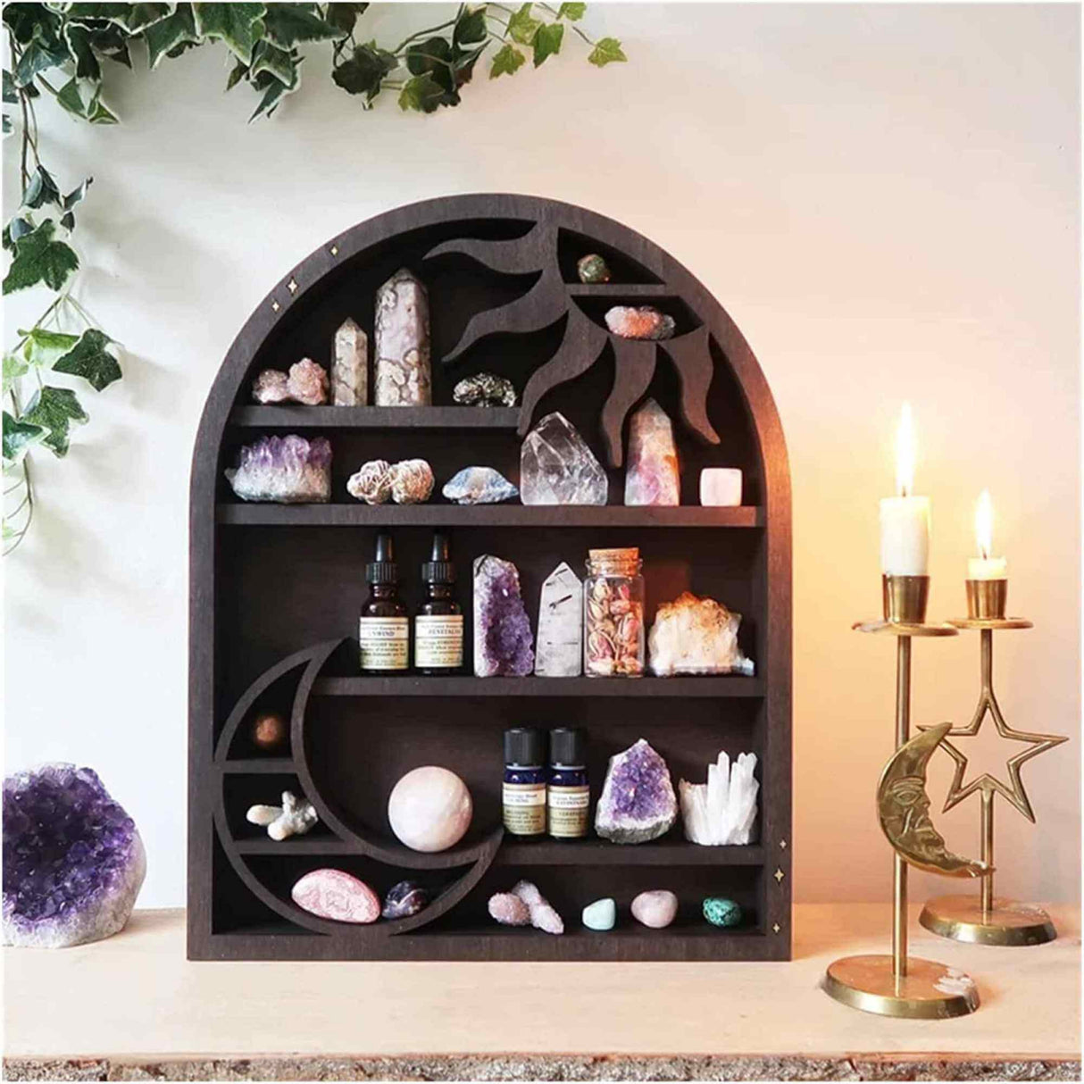 Mini Raft Negru 45x35 cm expunere din lemn pentru cristale, uleiuri esentiale design Soare si Luna - Decorare gotica pentru camera