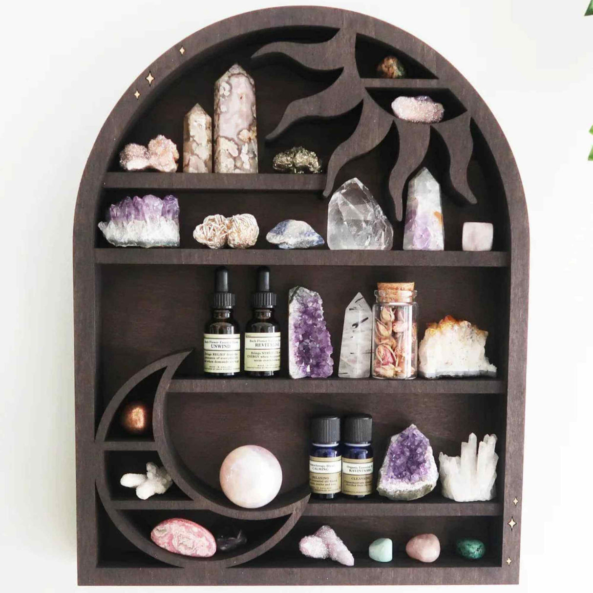 Mini Raft 45x35 cm expunere din lemn pentru cristale, uleiuri esentiale design Soare si Luna - Decorare gotica pentru camera