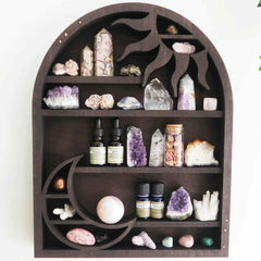 Mini Raft Negru 45x35 cm expunere din lemn pentru cristale, uleiuri esentiale design Soare si Luna - Decorare gotica pentru camera