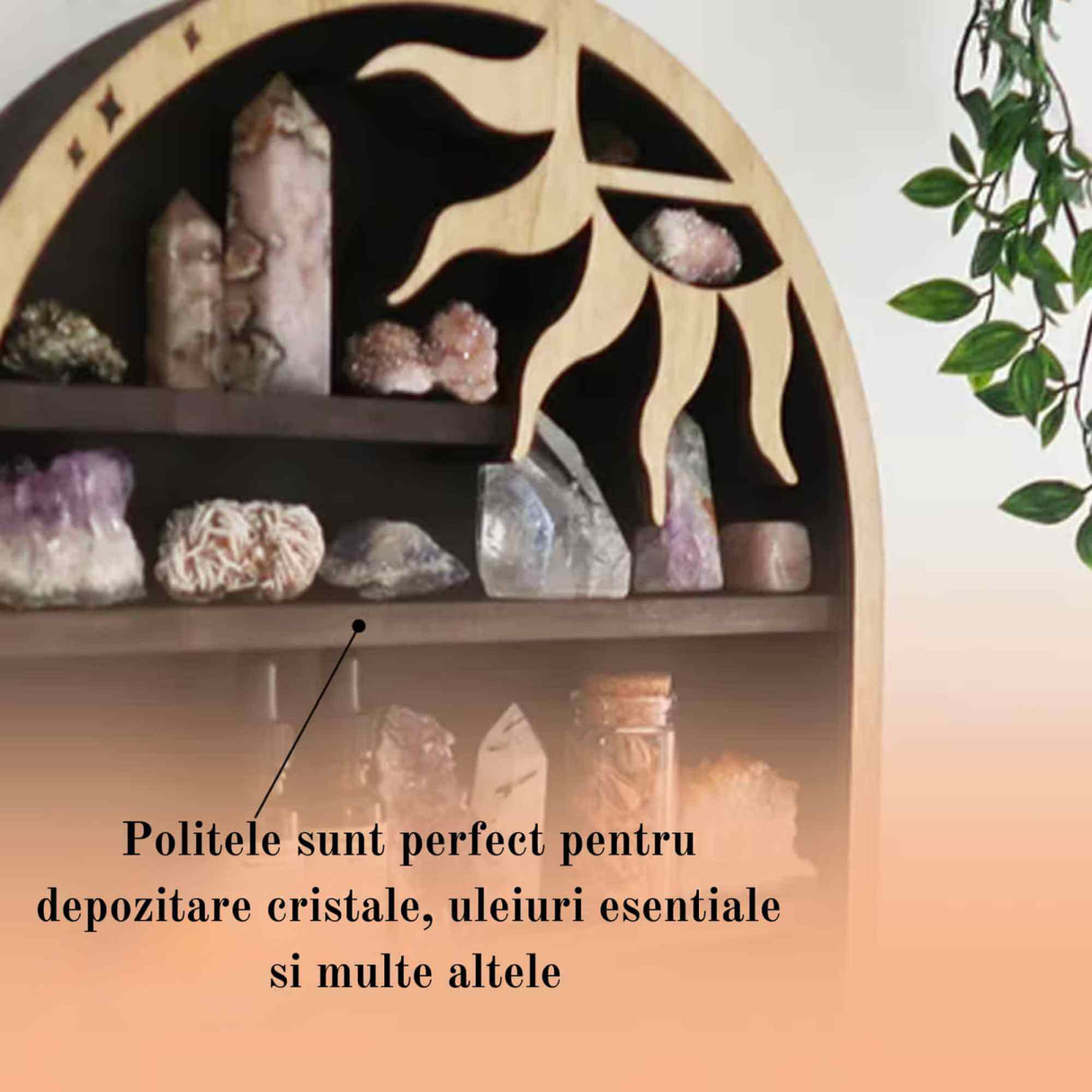 Mini Raft 45x35 cm expunere din lemn pentru cristale, uleiuri esentiale design Soare si Luna - Decorare gotica pentru camera