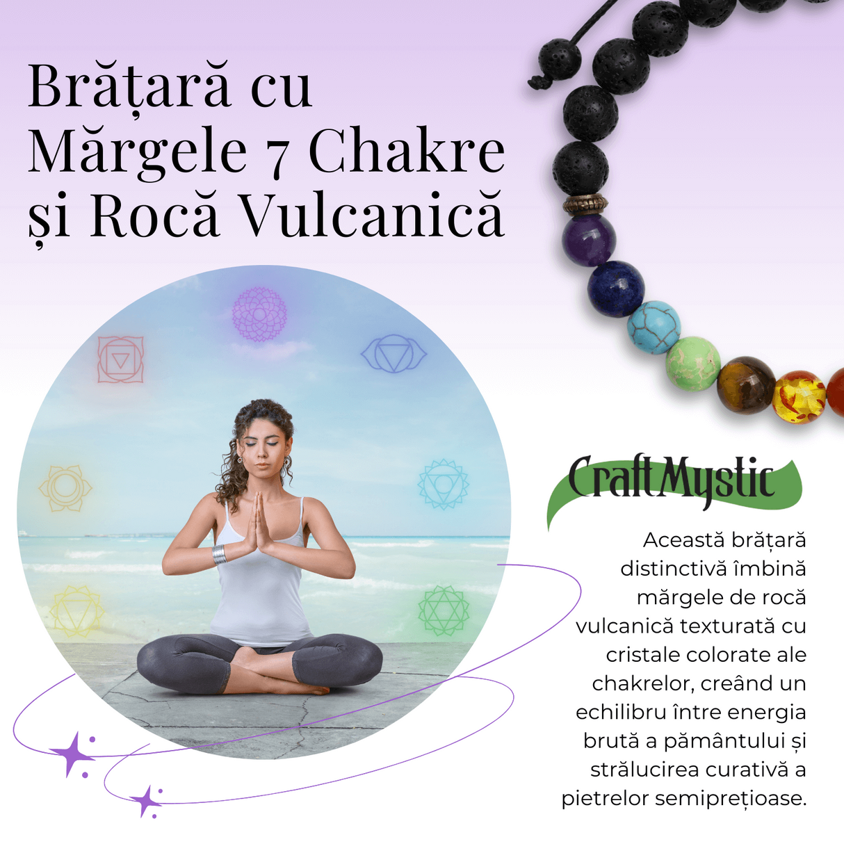 Bratara Reglabila cu Margele 8mm pentru Cele 7 Chakre si Roca Vulcanica