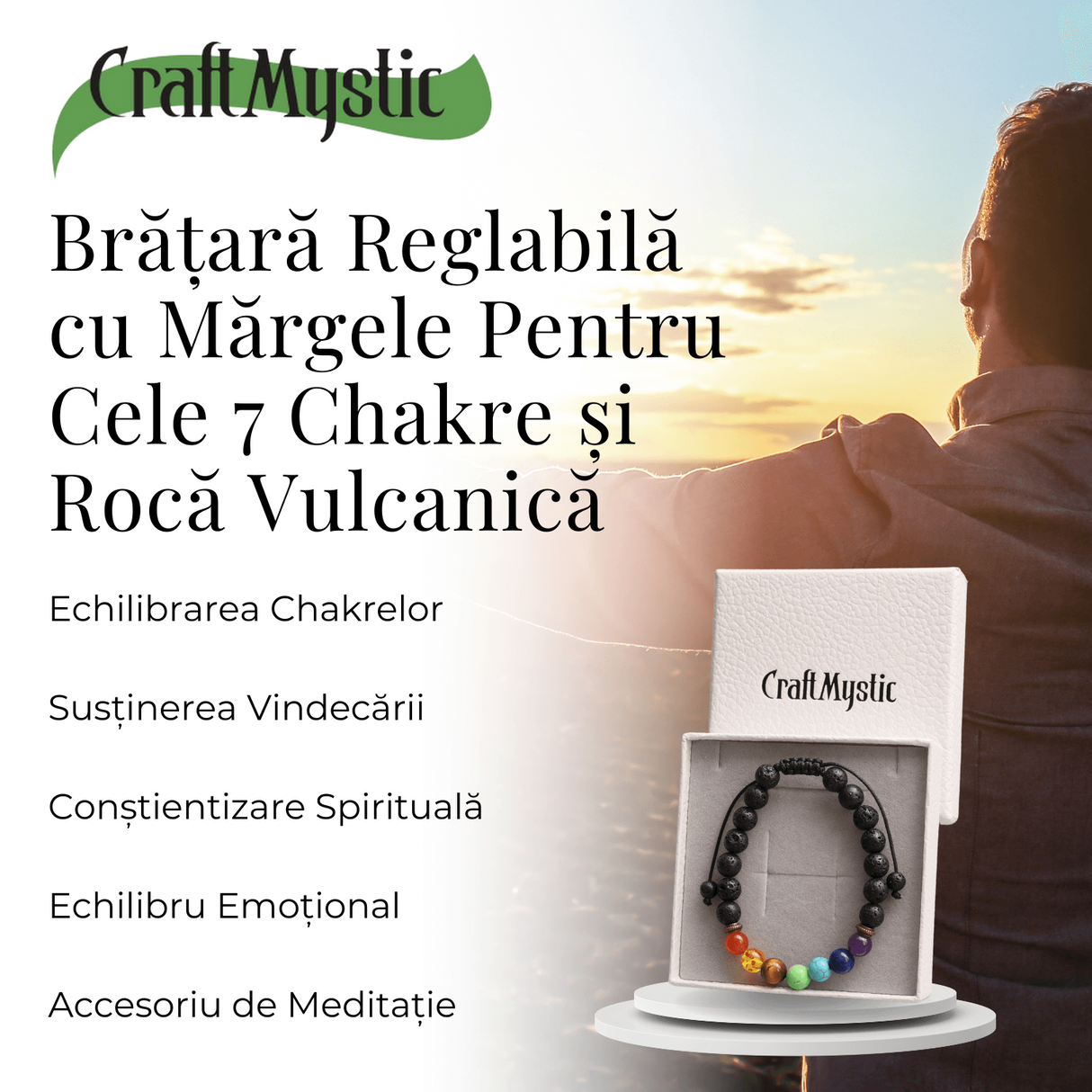Bratara Reglabila cu Margele 8mm pentru Cele 7 Chakre si Roca Vulcanica