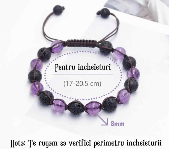 Bratara lucrata manual cu cristale 8mm naturale de ametist si roca vulcanica - Pentru femei protectie energetica pentru noroc si echilibru