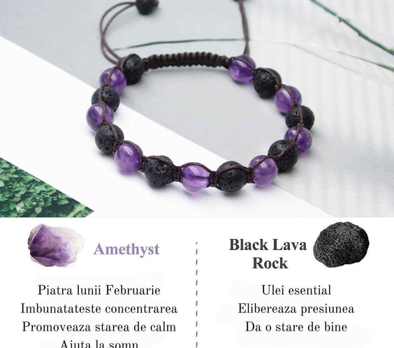Bratara lucrata manual cu cristale 8mm naturale de ametist si roca vulcanica - Pentru femei protectie energetica pentru noroc si echilibru