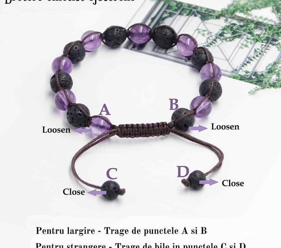 Bratara lucrata manual cu cristale 8mm naturale de ametist si roca vulcanica - Pentru femei protectie energetica pentru noroc si echilibru