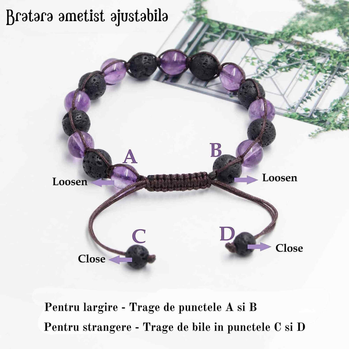 Bratara lucrata manual cu cristale 8mm naturale de ametist si roca vulcanica - Pentru femei protectie energetica pentru noroc si echilibru