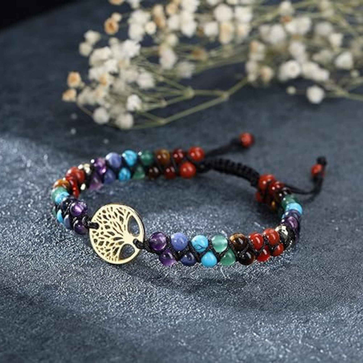 Bratara de Vindecare Naturala cu 7 tipuri de pietre pentru cele 7 Chakre din Cristale Reiki si pandativ cu Arborele Vietii