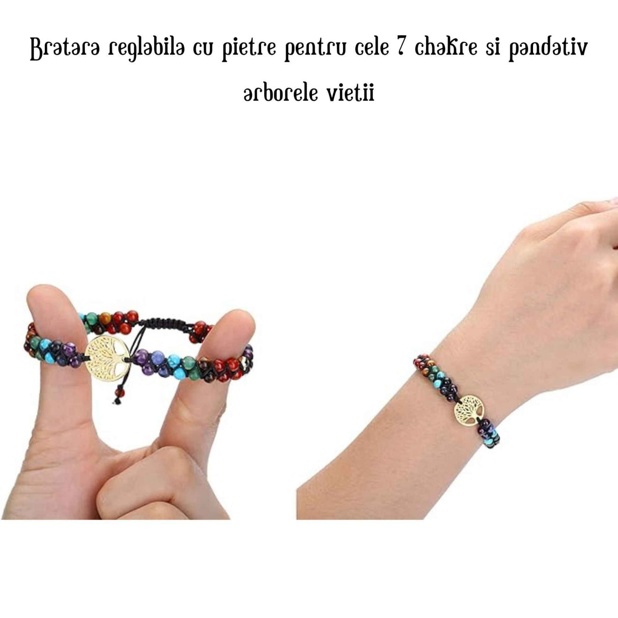 Bratara de Vindecare Naturala cu 7 tipuri de pietre pentru cele 7 Chakre din Cristale Reiki si pandativ cu Arborele Vietii