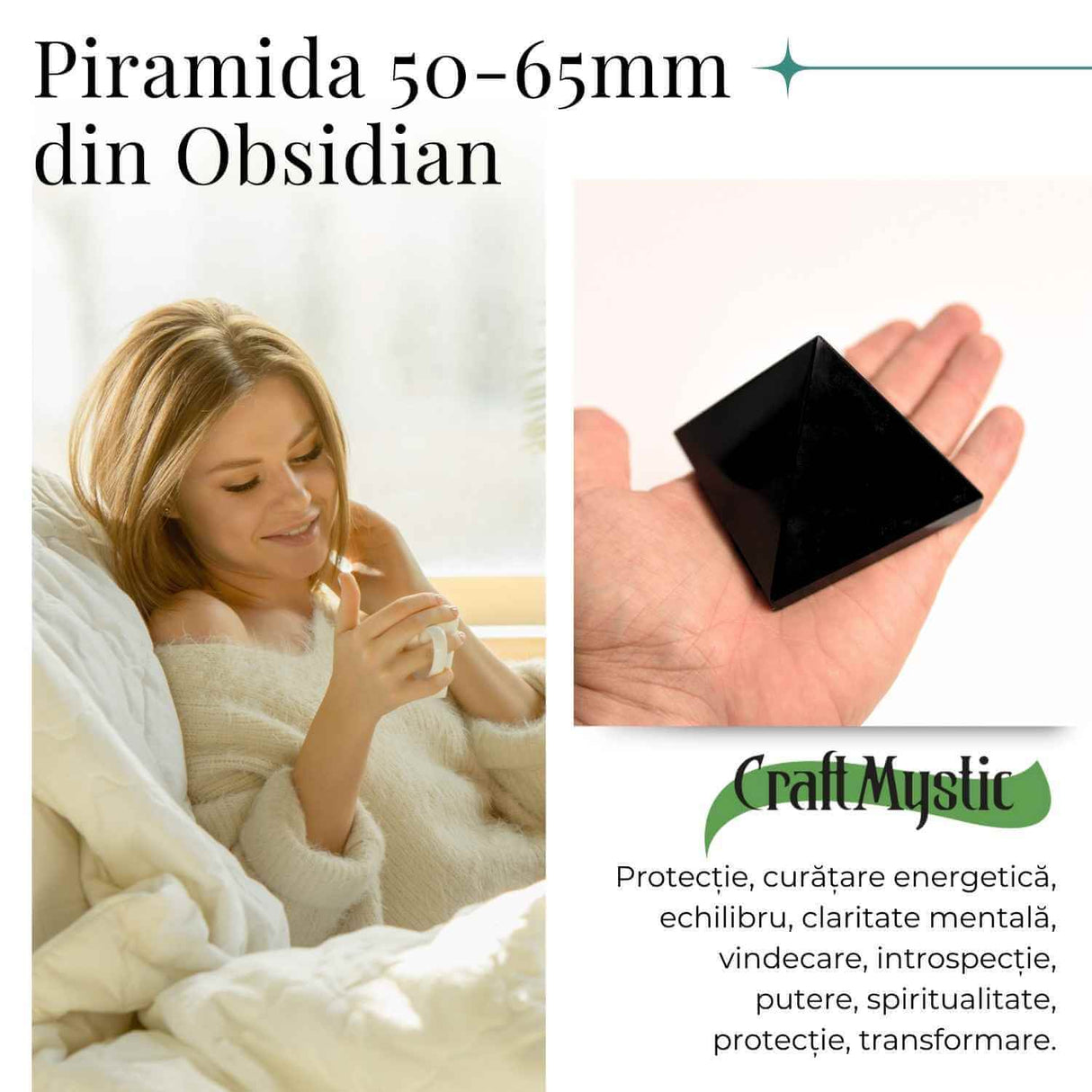 Piramida din Obsidian Negru 6.5.x6.5x5 cm pentru Protectie si Claritate Energetica