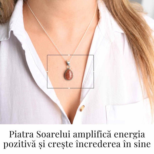 Colier cu Piatra Soarelui Strop de Ploaie, Argint 925, Energie Pozitiva