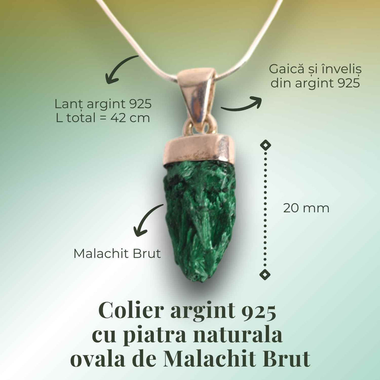 Pandantiv Argint cu Malachit Brut - Energie si Echilibru, 20mm