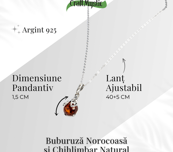 Bijuterie montura argint 925 cu vibe pozitiv – Colier Buburuza norocoasa si chihlimbar natural