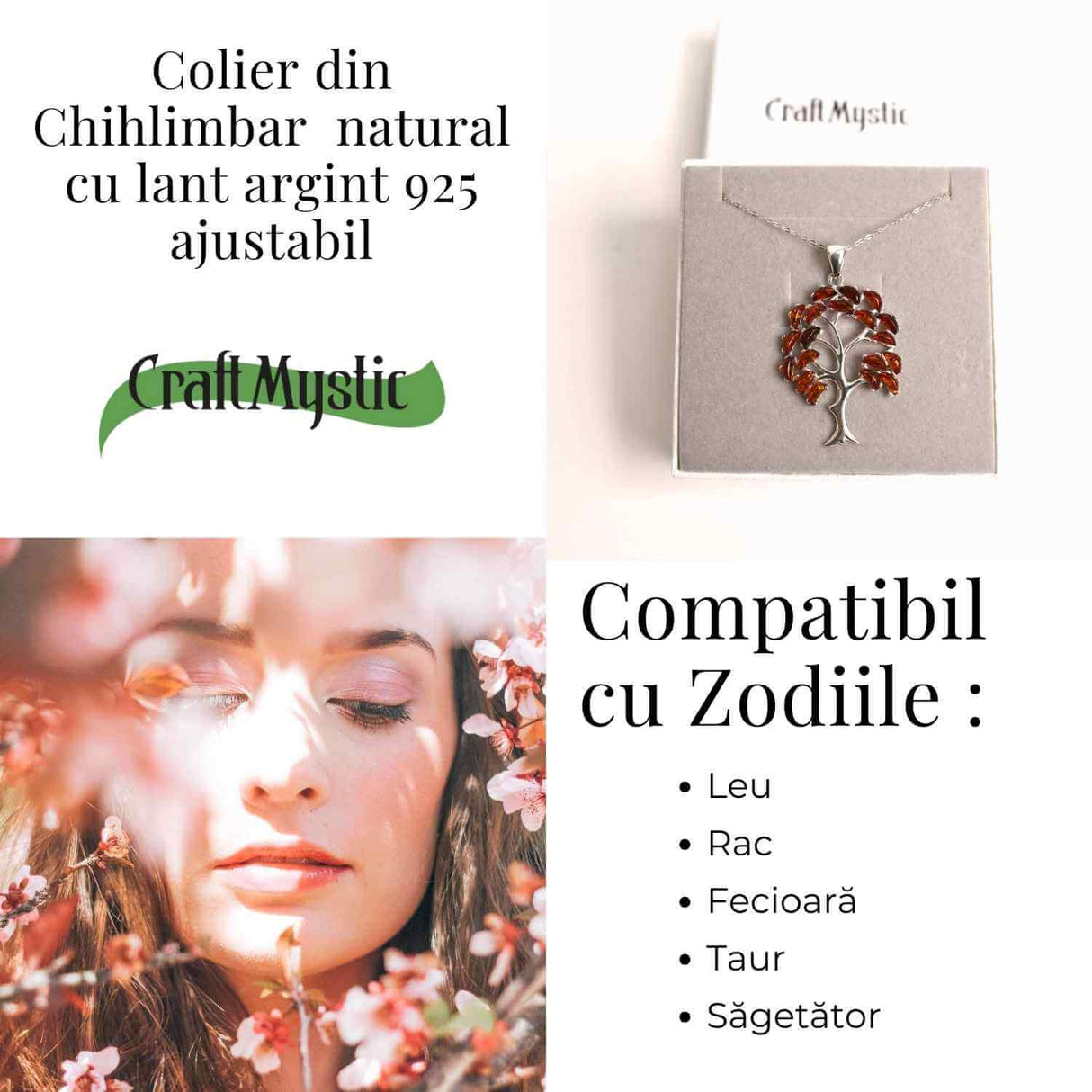 Colier argint 925 cu chihlimbar natural - simbolul copacului vietii