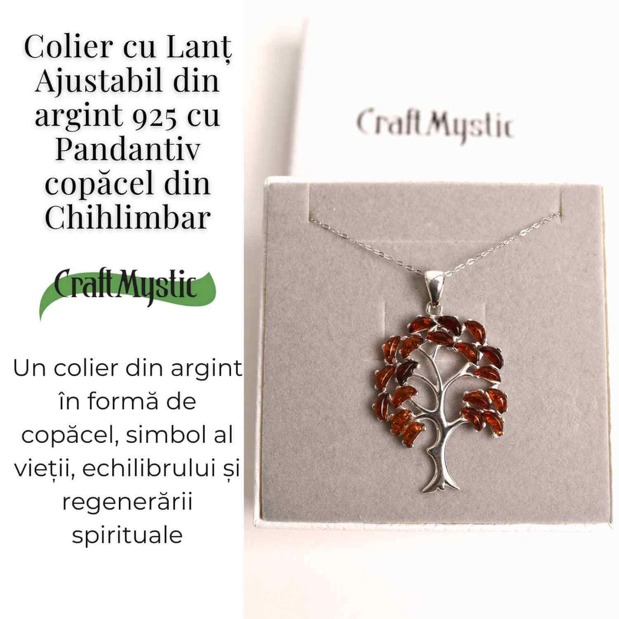Colier argint 925 cu chihlimbar natural - simbolul copacului vietii