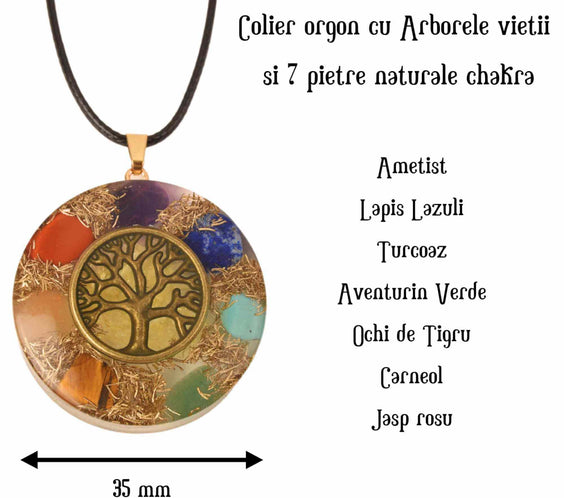 Colier cu pandantiv 35mm cu energie Orgonica cu Arborele Vietii cuprat si pietre naturale pentru cele sapte chakre