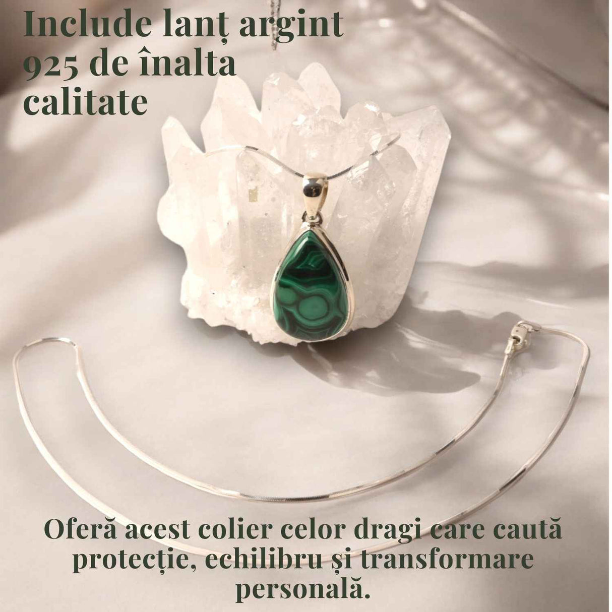 Pandativ Argint cu Malachit polisat si lant argint 925 - Protectie si Vindecare