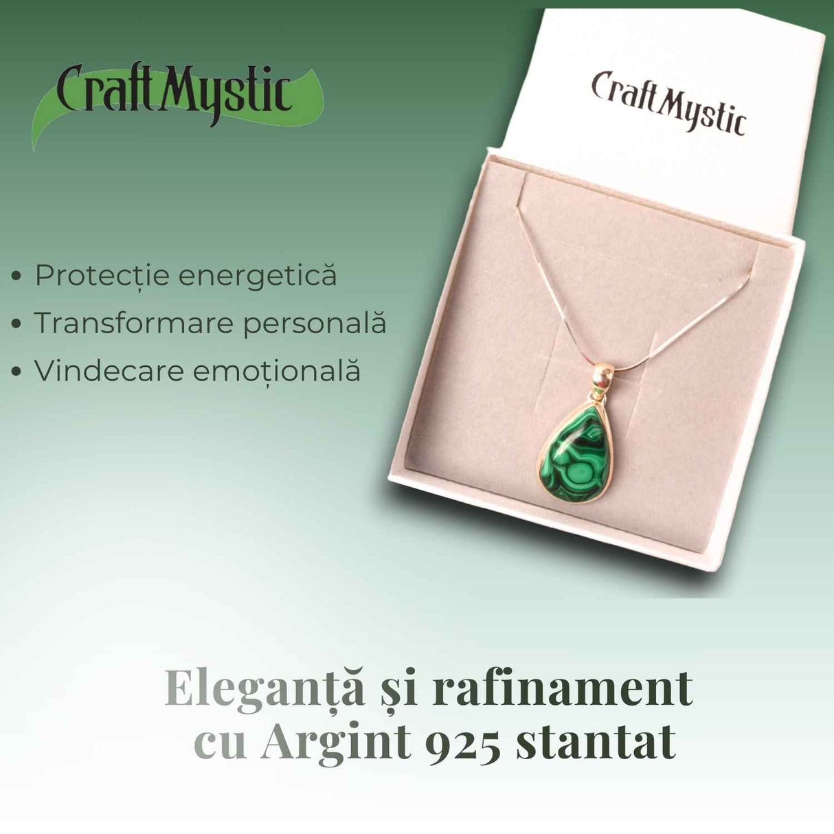 Pandativ Argint cu Malachit polisat si lant argint 925 - Protectie si Vindecare