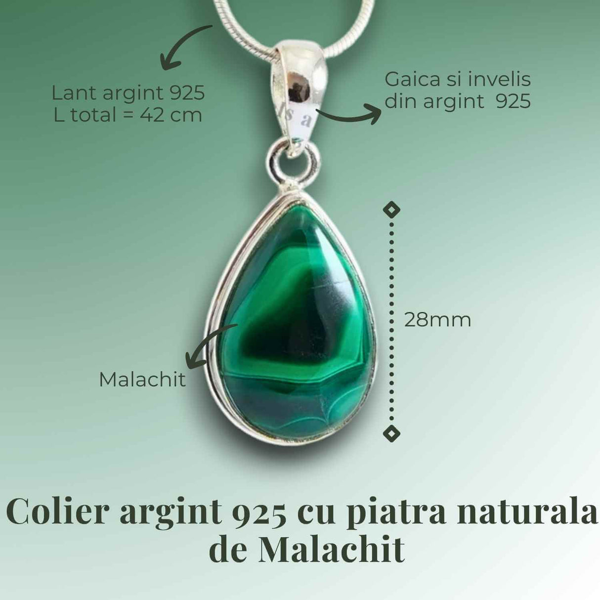 Pandativ Argint cu Malachit polisat si lant argint 925 - Protectie si Vindecare