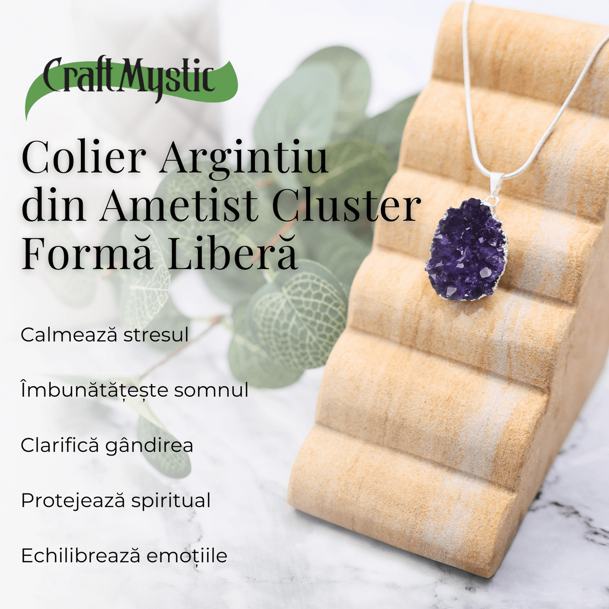 Colier deosebit cu Lant Argintiu si Pandantiv din Ametist Druzy Natural, 20-30mm