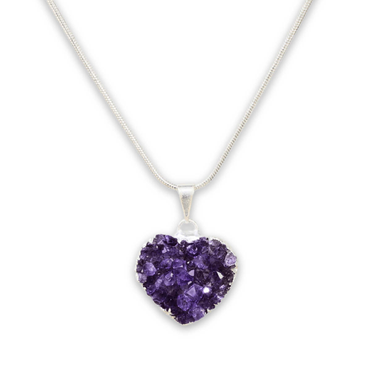Colier Delicat cu Lant Argintiu si Pandantiv din Ametist Druzy Natural in Forma de Inima, 20-25mm
