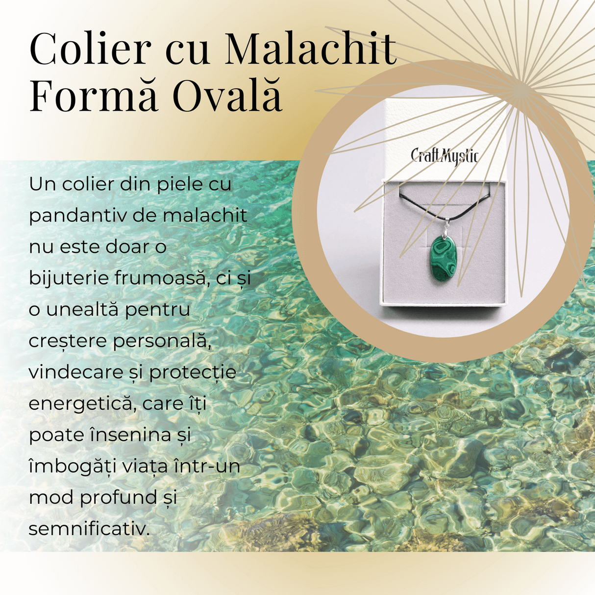 Colier cu Lant Reglabil si Pandantiv Oval din Malachit Natural 30mm
