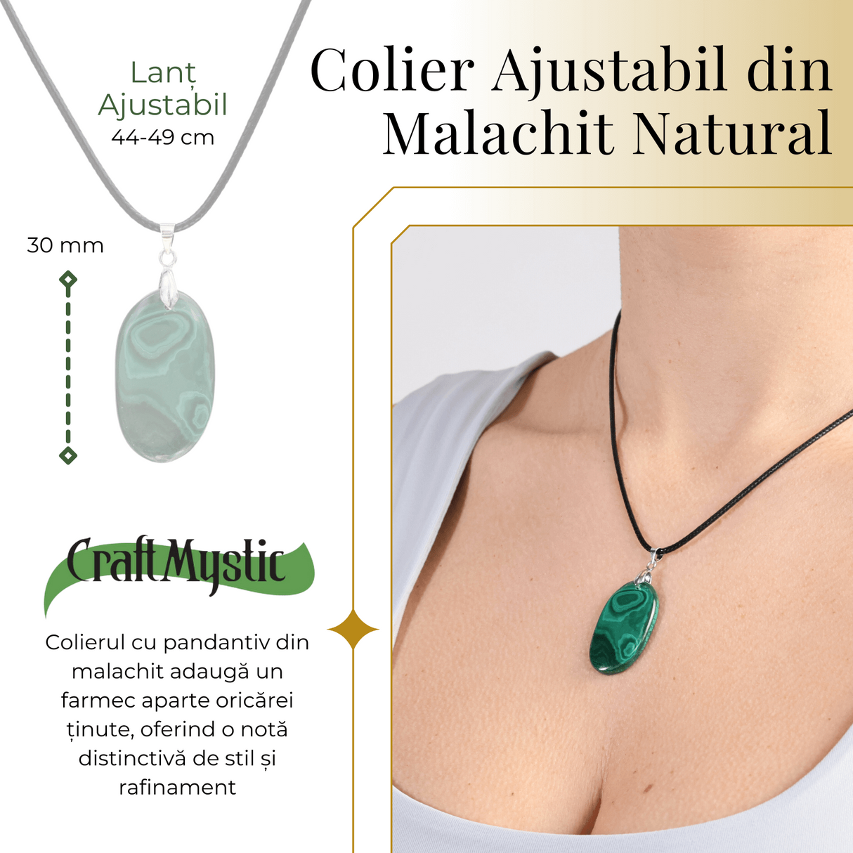 Colier cu Lant Reglabil si Pandantiv Oval din Malachit Natural 30mm