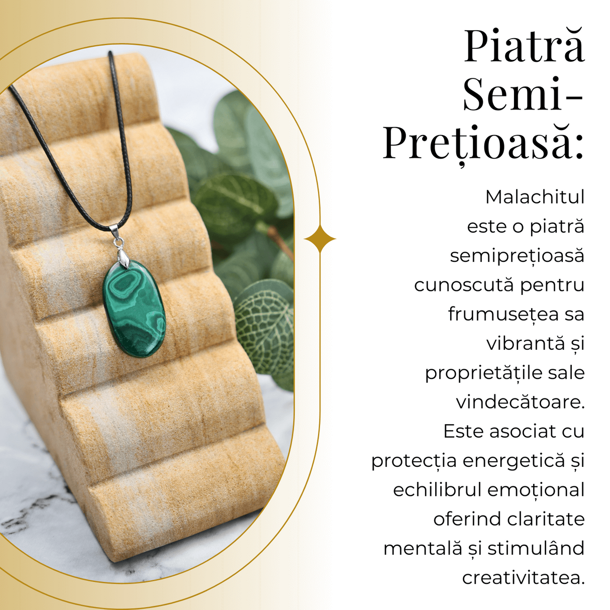 Colier cu Lant Reglabil si Pandantiv Oval din Malachit Natural 30mm