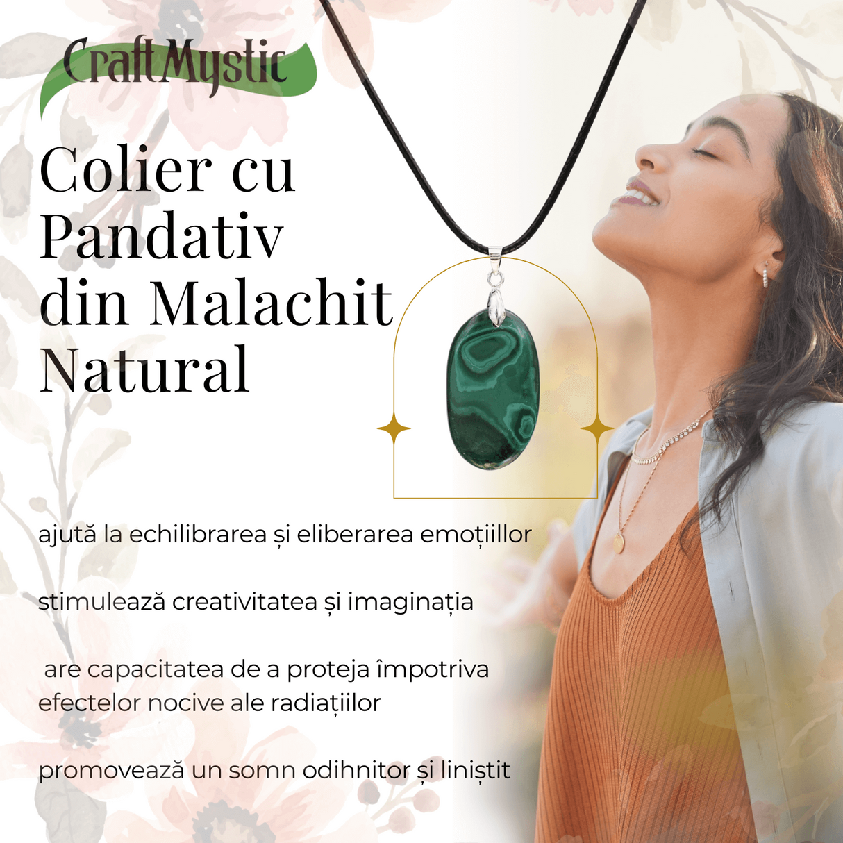 Colier cu Lant Reglabil si Pandantiv Oval din Malachit Natural 30mm