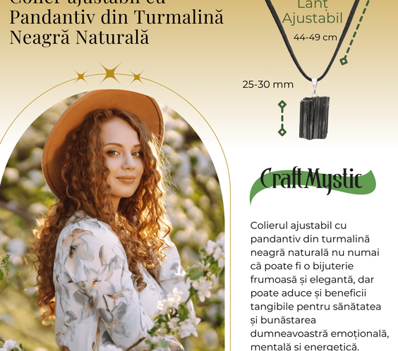 Colier Ajustabil cu Pandantiv din Turmalina Neagra Naturala 25-30mm