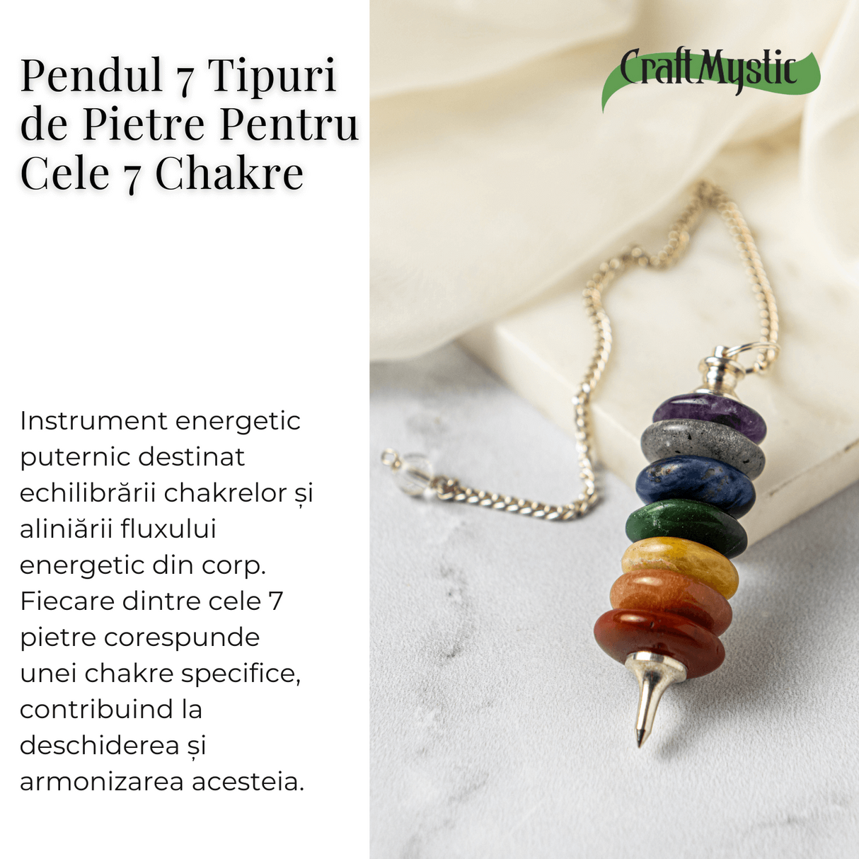 Pendul cu 7 Inele si Pietre Naturale – Echilibru si Vindecare Chakre