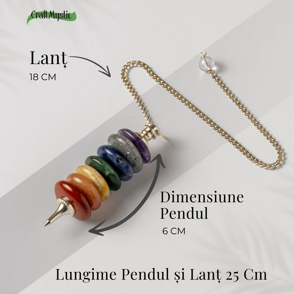 Pendul cu 7 Inele si Pietre Naturale – Echilibru si Vindecare Chakre
